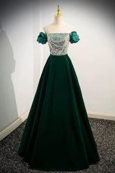 A Line Prom Dress Velvet Sequin Beaded Green Long Formal Evening Dress